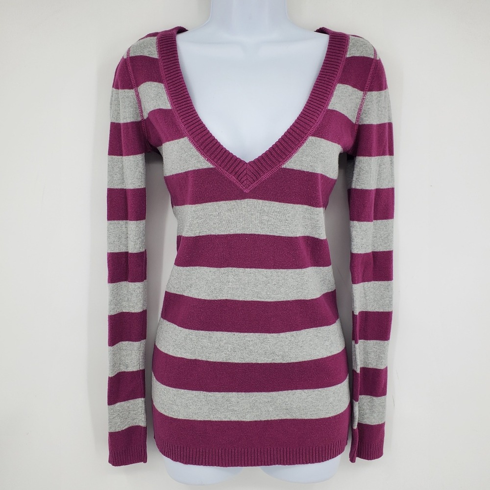 Aeropostale Y2K Grey Pink Striped Deep V Neck Sweater Medium Mall Goth Bratz